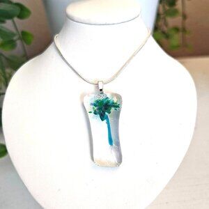 OOAK whimsical blue tone floral pendant Handmade fused glass jewelry + necklace